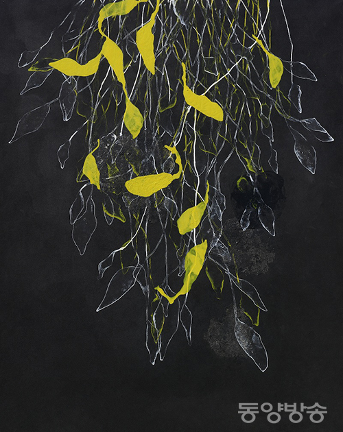이지은, '밤의 버드나무'. 캔버스에 혼합 매체, 227 x 182cm. 2001.