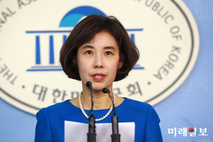 박경미 더불어민주당 대변인이 24일 국회 정론관에서 표창원 의원이 국회에서 주최한 전시회에 박근혜 대통령의 나체를 표현한 그림이 전시돼 논란을 빚은 것과 관련, 브리핑을 열고 있다./사진=장건섭 기자