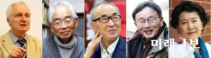 9월 13일 경주화백컨벤션센터에서 열리는 특별 강연을 하는 알브레히트 후베(Albrecht Huwe) 독일 본대학 명예교수(왼쪽부터), 오무라 마스오(大村益夫) 일본 와세다대학 명예교수, 고은 시인, 신경림 시인, 유안진 시인./사진=미래일보 DB