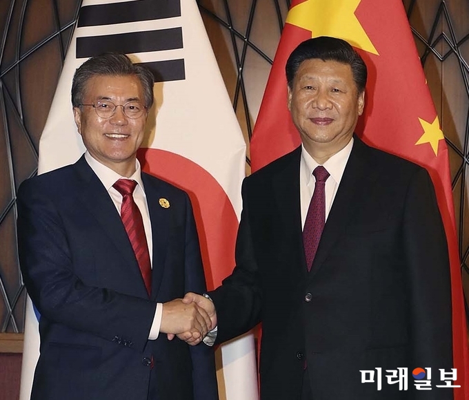 11일 오후(현지시간) APEC 정상회의에서 열린 문재인 대통령과 시진핑 중국 국가주석의 정상회담에서 두 정상이 악수하고 있다./사진=청와대 제공