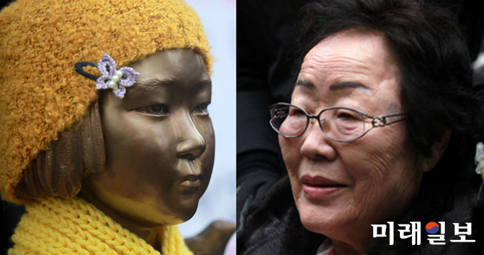 서울 종로구 옛 일본대사관 앞에 있는 평화의 소녀상(왼쪽)과 이용수 일본군 위안부 피해자 할머니./사진=장건섭 기자