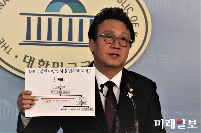 민병두 더불어민주당 의원이 23일 오전 국회 정론관에서 이명박 정권 국정원에서 대북공작금을 빼돌려 정치인 및 민간인을 불법 사찰한 이른바 작전명 ‘포청천’과 관련한 기자회견을 하고 있다. /사진=김정현 기자