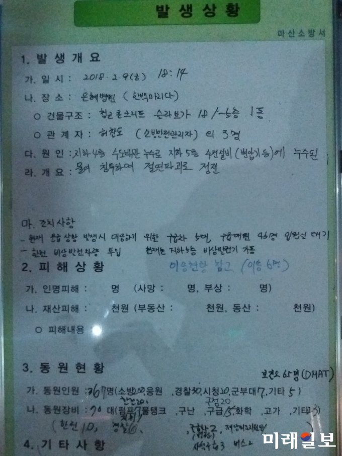 은혜병원 정전 사고 상황판./사진=이진화 제공