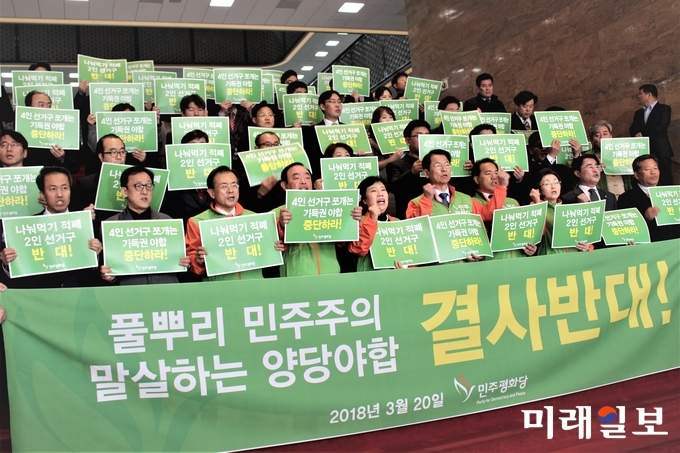 조배숙 민주평화당와 장병완 원내대표 등 소속의원과 당직자들이 20일 오전 서울 여의도 국회 본청 로텐더홀 계단에서 더불어민주당과 자유한국당의 기초광역의원 선거구획정을 규탄하고 있다. /사진=김정현 기자