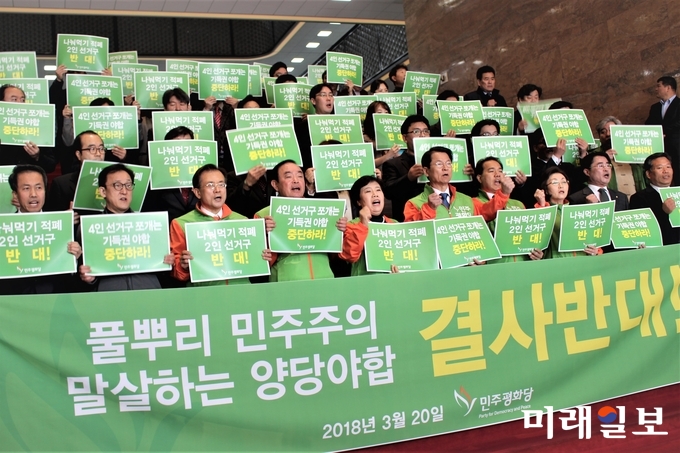 조배숙 민주평화당와 장병완 원내대표 등 소속의원과 당직자들이 20일 서울 여의도 국회 본청 로텐더홀 계단에서 더불어민주당과 자유한국당의 기초광역의원 선거구획정을 규탄하고 있다. /사진=김정현 기자