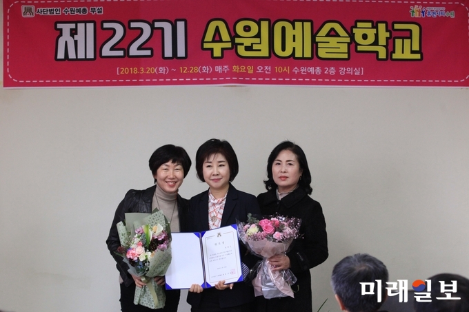 성명순 수원예술학교 신임 교장(가운데)이 20일 오전 수원시 장안구 정조로 수원예총 회의실에서 개최된 수원예총 부설 '수원예술학교' 교장 취임식에서 축하객들과 함께 기념촬영을 하고 있다./사진=장건섭 기자