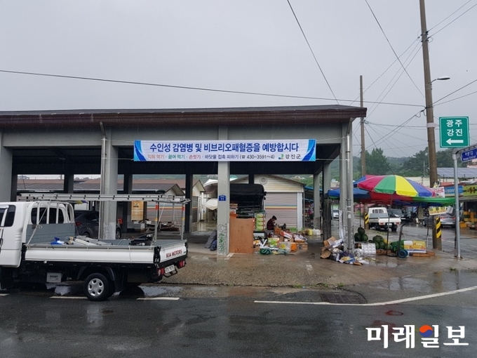 강진군에서 설치한 '수인성 감염병 및 비브리오패혈증을 예방합시다' 현수막 / 사진=강진군 제공