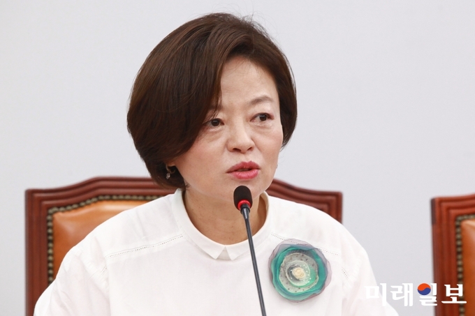 진선미 더불어민주당 원내수석부대표가 12일 오전 서울 여의도 국회에서 열린 당 정책조정회의에서 발언하고 있다./사진=장건섭 기자