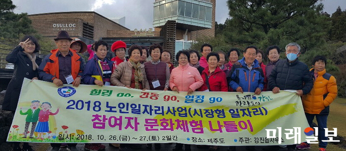 지난 26일 1박2일로 제주도 견학에 나선 전남 강진군 강진읍 시장형 노인일자리 사업 참여자 20명이 오설록 티뮤지엄 견학 후 단체 기념촬영을 하고 있다. / 사진=강진군 제공