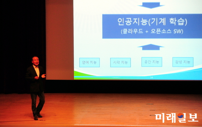 김진호 서울과학종합대학원 빅데이터 MBA 주임교수가 빅데이터 시대에 어떻게 대응할 것인가라는 주제로 강연을 하고 있다. / 사진=광주시 제공