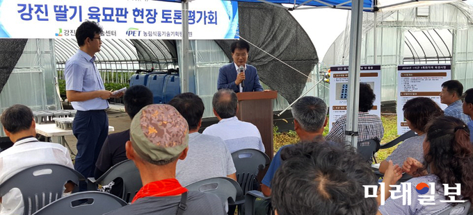 이승옥 강진군수가 지난 9월 육묘농장에서 딸기 육묘 평가회에서 인사말을 하고 있다. / 사진=강진군 제공