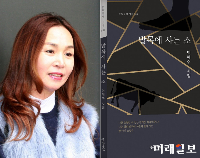 첫 시집 '발목에 사는 소'를 출간한 이혜수 시인(사진 왼쪽)과 시집 '발목에 사는 소' 표지./사진=문학공원 제공