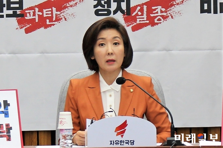 나경원 자유한국당 원내대표가 5일 서울 여의도 국회에서 열린 원내대책회의에서 모두 발언을 하고 있다./사진=김정현 기자