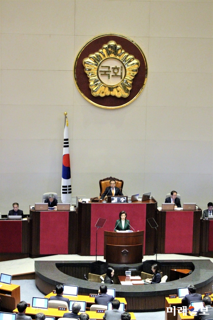 나경원 자유한국당 원내대표가 12일 국회 본회의장에서 교섭단체 대표연설을 하고 있다./사진=김정현 기자