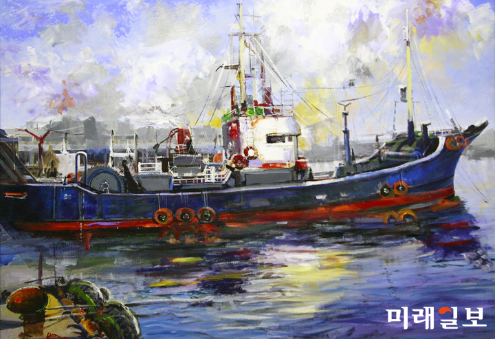 서울 여의도 국회 본관 5층 문체위 앞 전시공간 문화샛길에서 오는 5월 10일까지 열리고 있는 '국회 '남·북 미술전' 한국작가 황순규의 '오대양을 가다'/사진=장건섭 기자