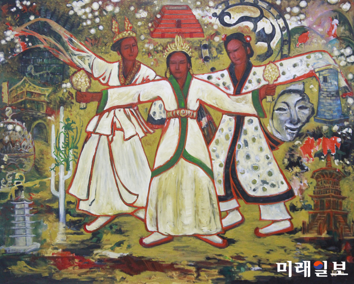서울 여의도 국회 본관 5층 문체위 앞 전시공간 문화샛길에서 오는 5월 10일까지 열리고 있는 '국회 '남·북 미술전' 한국작가 서봉남의 '삼국문화 유산'/사진=장건섭 기자