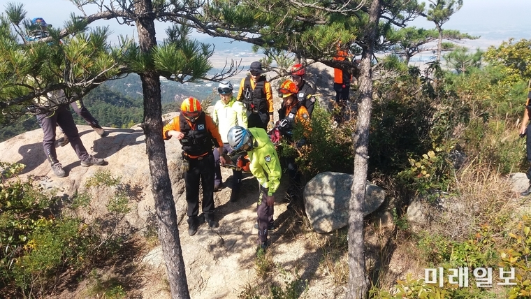 전라남도소방본부가 21일 영암 소재 월출산 산성대 부근에서 산악사고 대비 유관기관 합동 산악 인명구조훈련을 했다. / 사진=전남도 제공