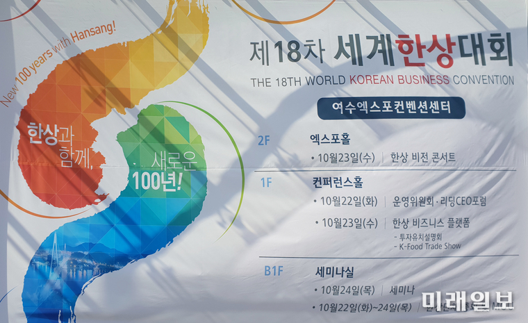 22일(화)부터 24일(목)까지 3일간 전남 여수세계박람회장에서 개최되고 있는 제18차 세계한상대회 홍보 현수막./사진=인터넷언론인연대