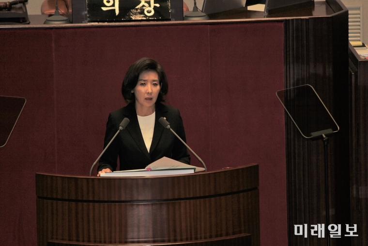 나경원 자유한국당 원내대표가 29일 오전 국회 본회의 교섭단체대표 연설을 하고 있다./사진=김정현 기자