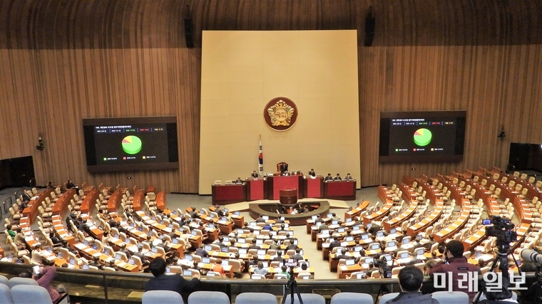 9일 오후 서울 여의도 국회 본회의장에서 열린 제374회 국회(임시회) 제2차 본회의에서 법안이 처리되고 있다./사진=장건섭 기자