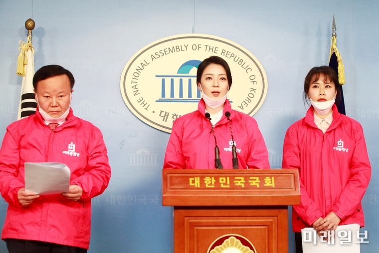 미래통합당 송파을 예비후보인 배현진 국민과 함께하는 2020 희망공약 개발단 위원(가운데)이 김재원 총괄단장 등과 함께 4일 오전 서울 여의도 국회 정론관에서 미세먼지 대책 공약을 발표하고 있다./사진=장건섭 기자