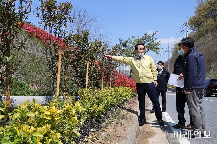 임택 광주동구청장이 주민들에게 쾌적한 도시환경을 제공하고자 추진한 남문호 녹지 한 평 늘리기 조성 사업 현장을 방문했다. / 사진=동구 제공