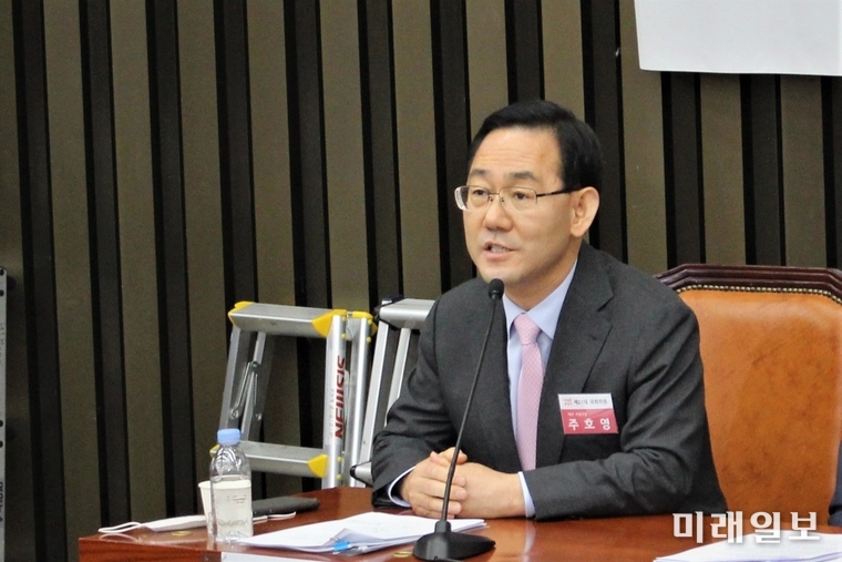 주호영 미래통합당 신임 원내대표가 8일 국회에서 열린 당선인 총회에서 정견 발표를 하고 있다. /사진=김정현 기자