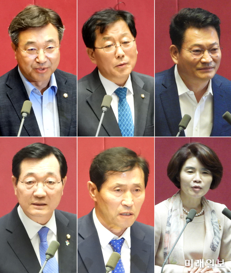 더불어민주당 소속 윤호중 국회 법제사법위원장(윗줄 왼쪽부터), 윤후덕 기획재정위원장, 송영길 외교통일위원장, 민홍철 국방위원장(아랫줄 왼쪽부터), 이학영 산업통상자원중소벤처기업위원장, 한정애 보건복지위원장이 15일 국회 본회의에서 각각 당선인사하고 있다./사진=장건섭 기자