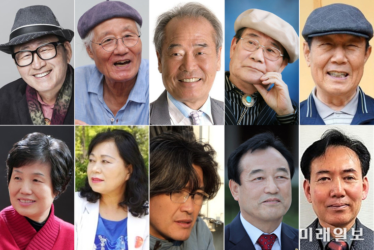 (윗쪽 왼쪽부터 ) 제57회 한국문학상 수상자 : 구재기 시인, 도광의 시인, 이광석 시인, 강준희 소설가, 문삼석 아동문학가. (아래쪽 왼쪽부터) 제36회 윤동주문학상 수상자 : 김영 시인, 진순분 시조시인. 제39회 조연현문학상 수상자 : 김성달 소설가, 장호병 수필가, 윤삼현 아동문학가./사진=미래일보 DB