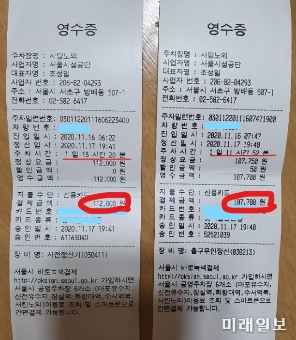 지난 16일부터 17일까지 이틀간 지방 출장 때문에 서울 서초구 방배동 사당역 공영주차장에 승용차를 주차했다가 각각 112,000원과 107,700원의 요금 폭탄을 맞은 A씨와 B씨가 제시한 사당노외 주차요금 영수증./사진=인터넷언론인연대