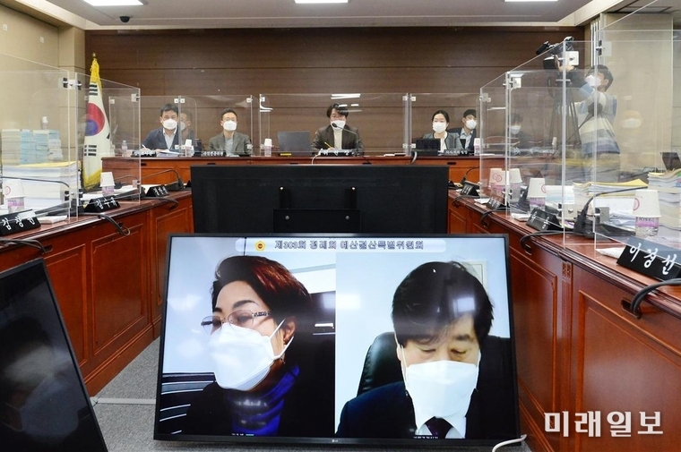 김춘례 서울시의회 의원(왼쪽)이 15일 서울시의회에서 처음 진행한 화상회의 예산결산특별위원회 첫 질의로 4호선 한성대입구역 환경개선에 소극적인 서울시의 예산정책을 질타하고 있다./사진=서울시의회