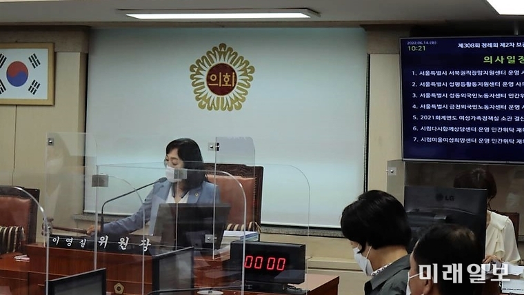 이영실 서울시의회 보건복지위원회 위원장이 지난 14일 서울시 여성가족정책실과 시민건강국을 상대로 제308회 정례회 제2차 회의를 열어 2021회계연도 결산승인안 및 소관 안건을 심사하고 관련 보고를 받고 있다./사진=이영실 위원장실