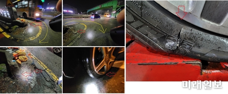 광주광역시 광산구 사암로 24 '송정고가도로' 육교전 우회전 하던 중 고가차도에서 타이어 및 휠의 파손 사고로 지난 해 12월 26일 광산구청 종합건설본부에 민원을 제기한 사고 관련 자료./사진=민원인 제공