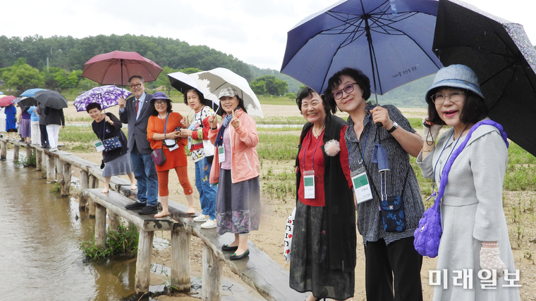 사단법인 한국문인협회가 주최하고, 한국문인협회 경상북도지회가 주관한 '2025 한국문학인 백두대간 어울림한마당'이 6월 20일부터 21일까지 경북 영주시 일원에서 성공적으로 개최된 가운데 20일 오후 경북 영주시 문수면 수도리에 위치한 무섬마을 외나무다리에서 김호운 이사장을 비롯한 참가 문인들이 기념촬영을 하고 있다./사진=장건섭 기자
