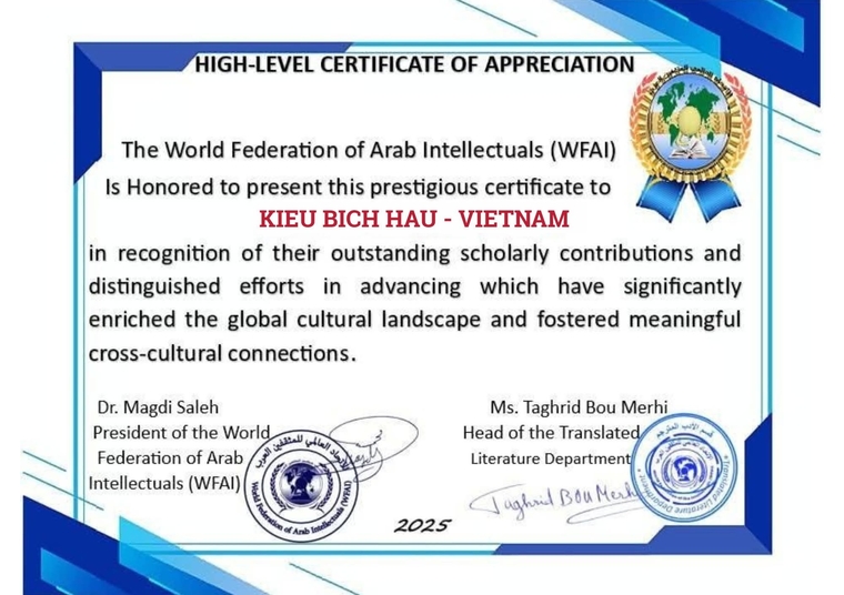 ‘아랍 지성연맹(WFAI, World Federation of Arab Intellectuals)’으로부터 2025년 ‘최고 감사 공로상(High-Level Certificate of Appreciation)’을 수상한 베트남 여성 작가 키유 빅 하우(Kieu Bich Hau)의 수상 인증서./ⓒ미래일보
